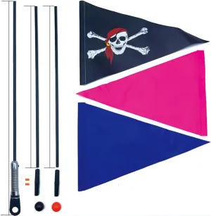 1 set of bicycle safety flags/adjustable height with springs, resilient heavy-duty fiberglass poles, polyester full-color pink safety flags, blue safety flags, and pirate flags.