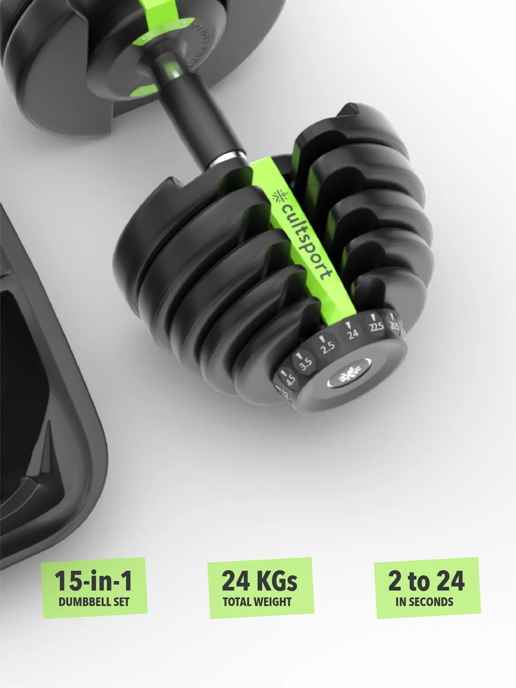 24x2 kg Compact Adjustable Dumbbells (2.5kg to 24kg), Easy Weight Change: 15-in-1 (Pair of 2 - 24Kg adjustable Dumbbells) (6 Months extended Warranty only on Cultsport.com)