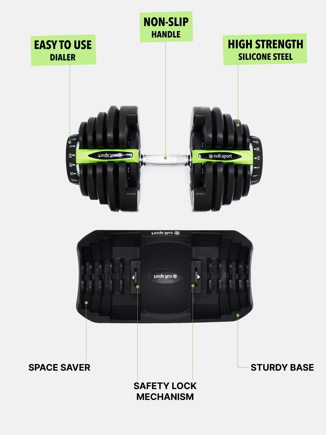40x2 Kg Compact Adjustable Dumbbells (5 Kg to 40 Kg), Easy Weight Change: 17-in-1 (Pair of 2 - 40Kg adjustable Dumbbells) (6 Months extended Warranty only on Cultsport.com)