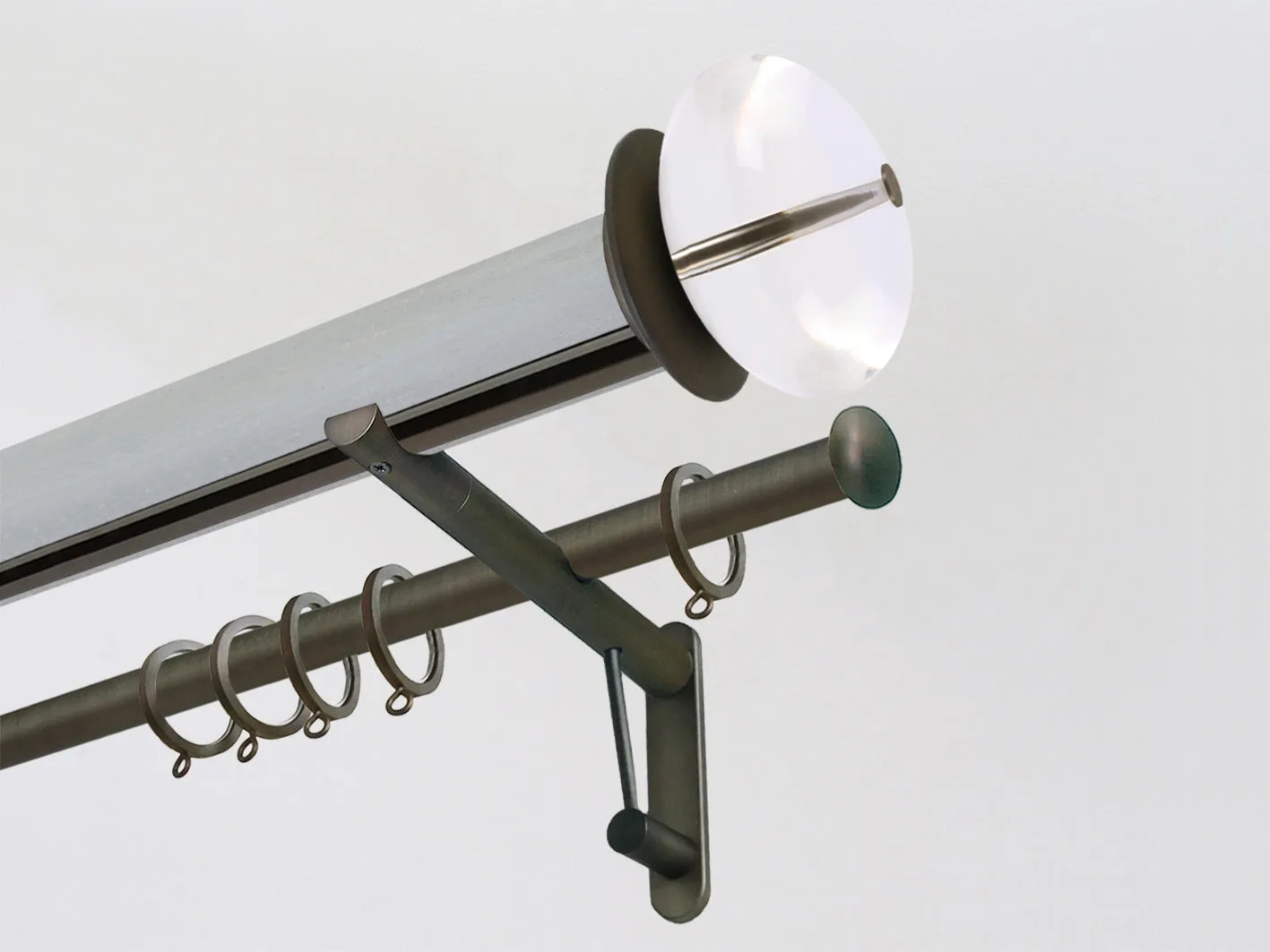 50mm dia. tracked wood pigeon stained wood double curtain pole set with acrylic ellipse finials