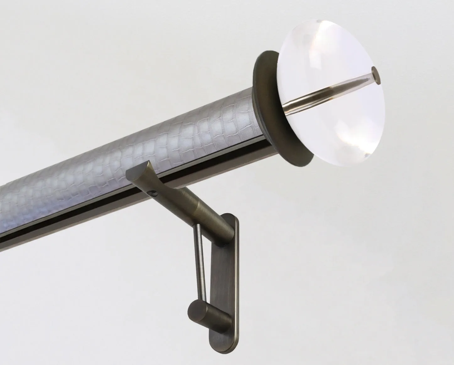 50mm dia. wrapped and tracked rose pewter curtain pole set with acrylic ellipse finials