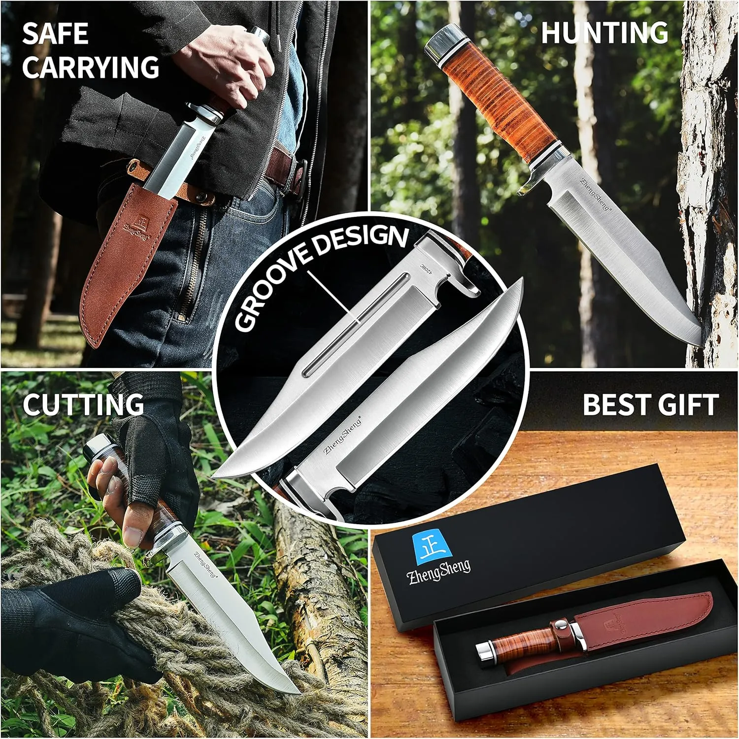 6.7" Fixed Blade Hunting Knife- Genuine Leather Handle Bowie Knives with Sheath Straight Edge for Camping, Hiking, Survival