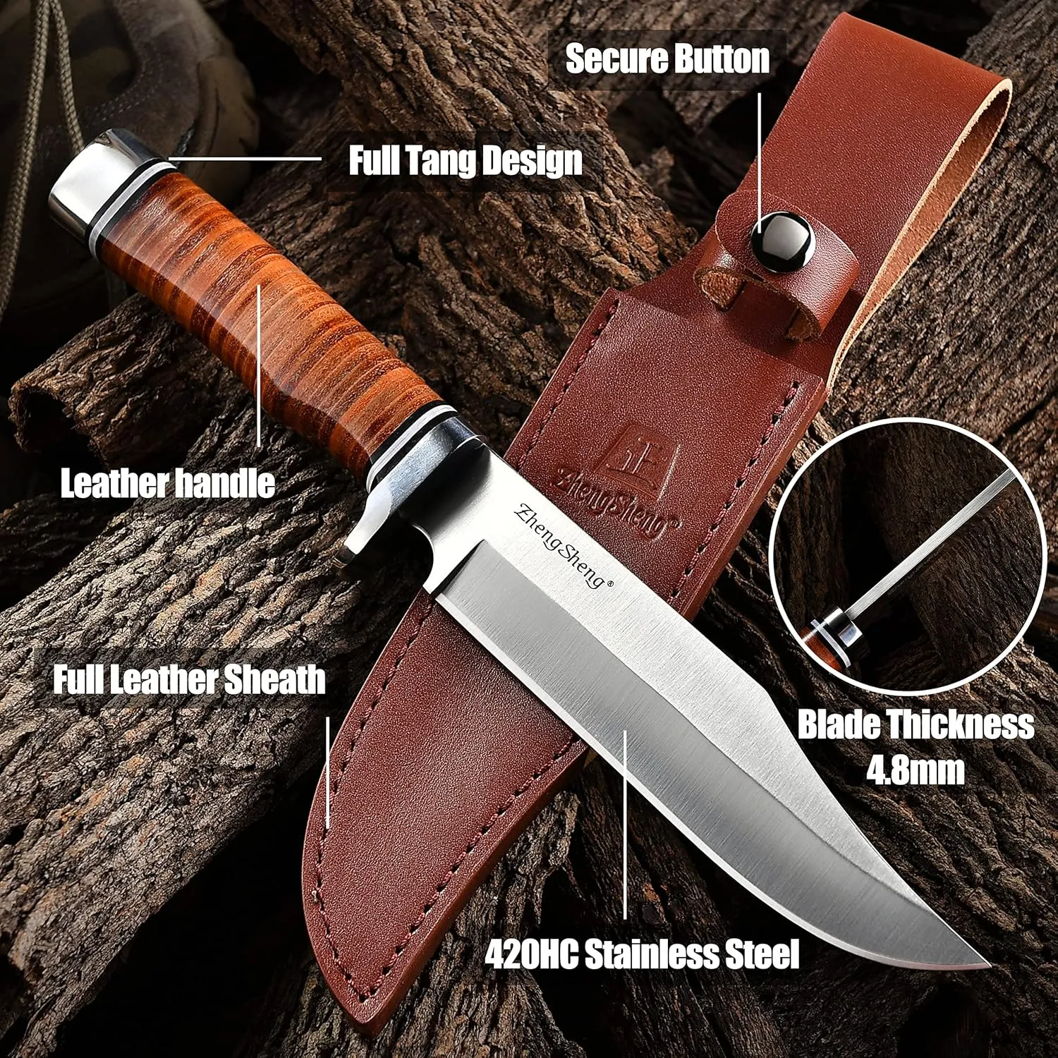 6.7" Fixed Blade Hunting Knife- Genuine Leather Handle Bowie Knives with Sheath Straight Edge for Camping, Hiking, Survival