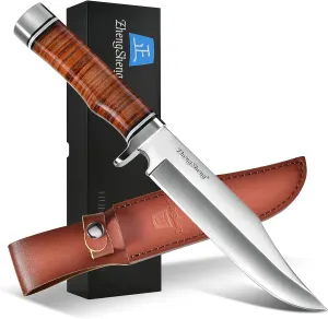 6.7" Fixed Blade Hunting Knife- Genuine Leather Handle Bowie Knives with Sheath Straight Edge for Camping, Hiking, Survival