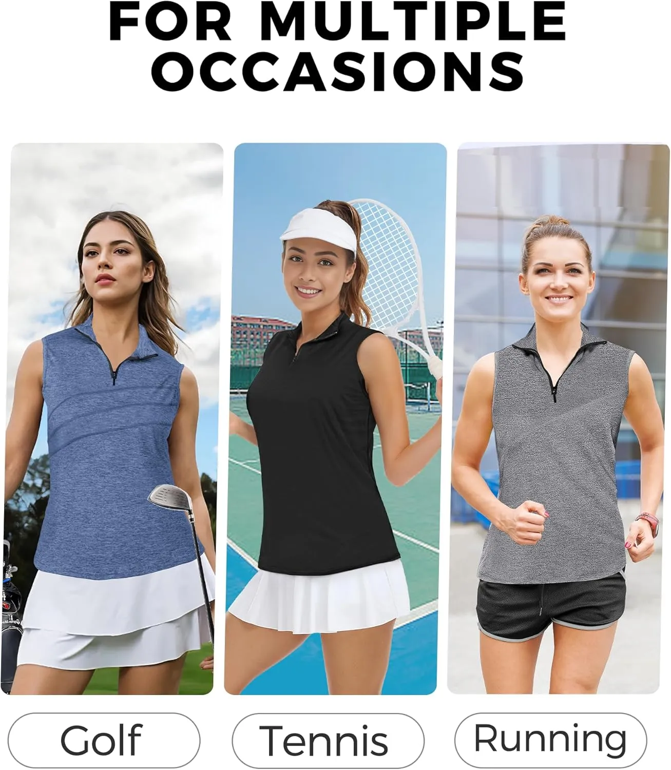AURUZA Womens Golf Shirt, Sleeveless Polo Shirts for Women V Neck Zip Collar Athletic Workout Tennis Tank Top Summer Outfit