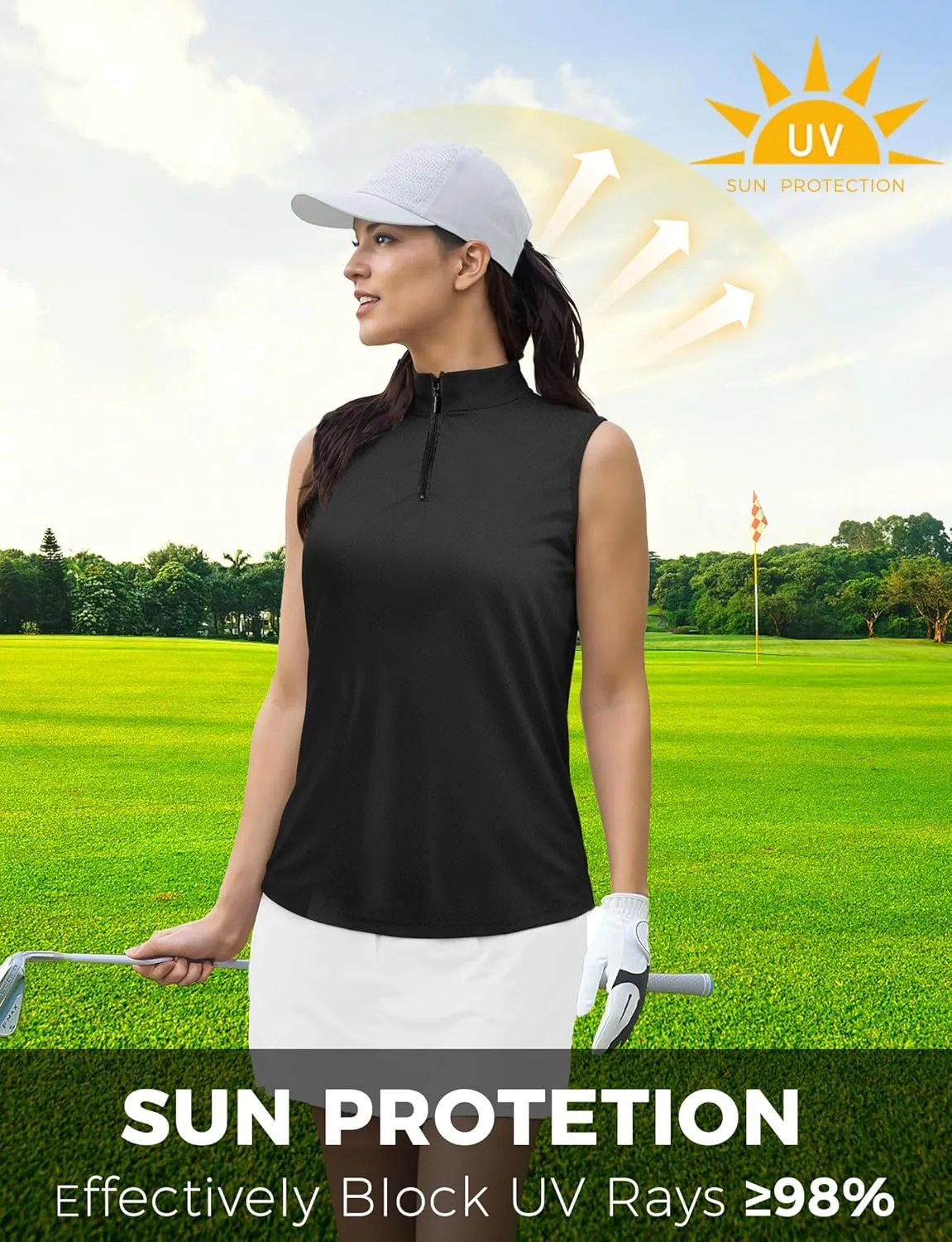 AURUZA Womens Golf Shirt, Sleeveless Polo Shirts for Women V Neck Zip Collar Athletic Workout Tennis Tank Top Summer Outfit