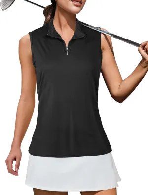 AURUZA Womens Golf Shirt, Sleeveless Polo Shirts for Women V Neck Zip Collar Athletic Workout Tennis Tank Top Summer Outfit