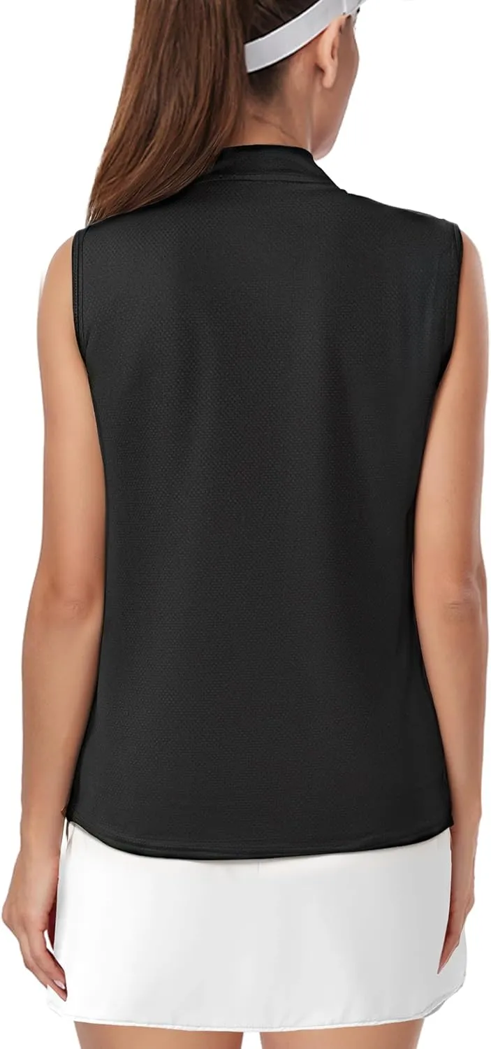 AURUZA Womens Golf Shirt, Sleeveless Polo Shirts for Women V Neck Zip Collar Athletic Workout Tennis Tank Top Summer Outfit