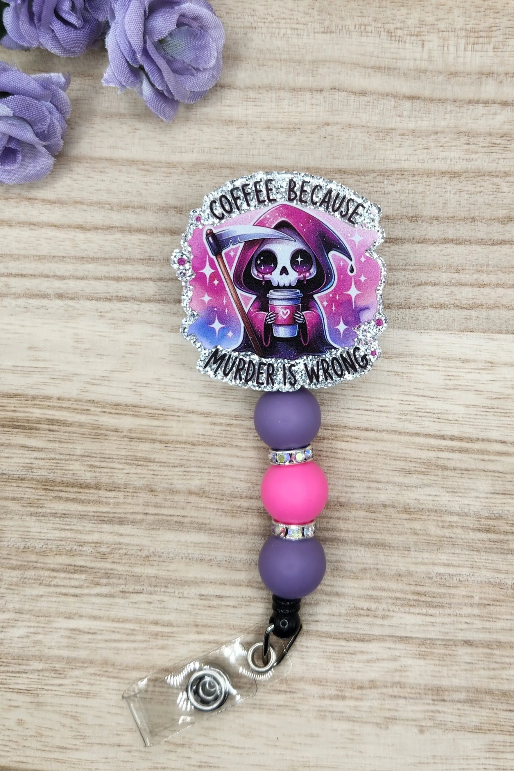 Badge Reel-Coffee Because Murder Is Wrong (Silver Glitter)