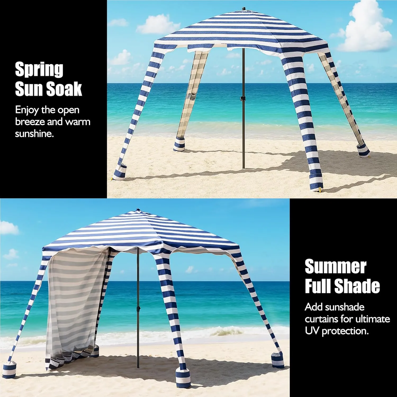 Beach Cabana - UPF 100  UV Protection Beach Tent, Easy to Set Up 6' x 6' Canopy with Attachable Wall, Waterproof Fabric, Portable Shelter for Family & Friends (Navy Blue)