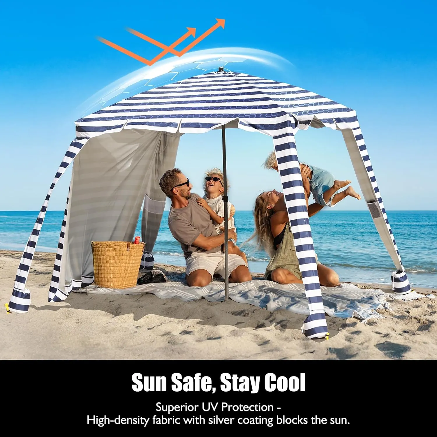 Beach Cabana - UPF 100  UV Protection Beach Tent, Easy to Set Up 6' x 6' Canopy with Attachable Wall, Waterproof Fabric, Portable Shelter for Family & Friends (Navy Blue)