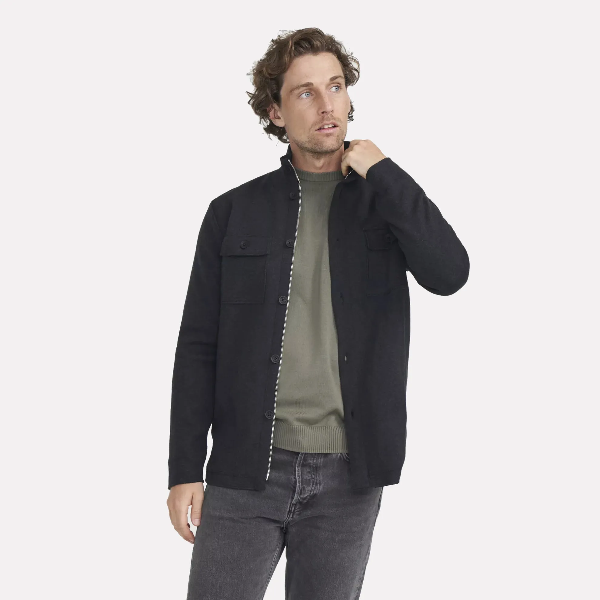 Edwin Wind Proof Knitted Shirt Jacket / Black Melange
