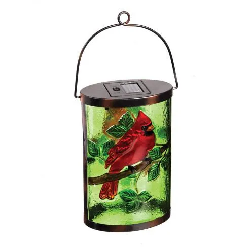 Green Etched Glass and Red Cardinal Solar Lantern