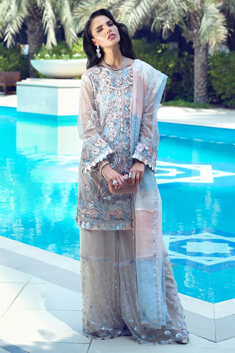 Latest designer embroidered net dress for party wear in grey color # P2427