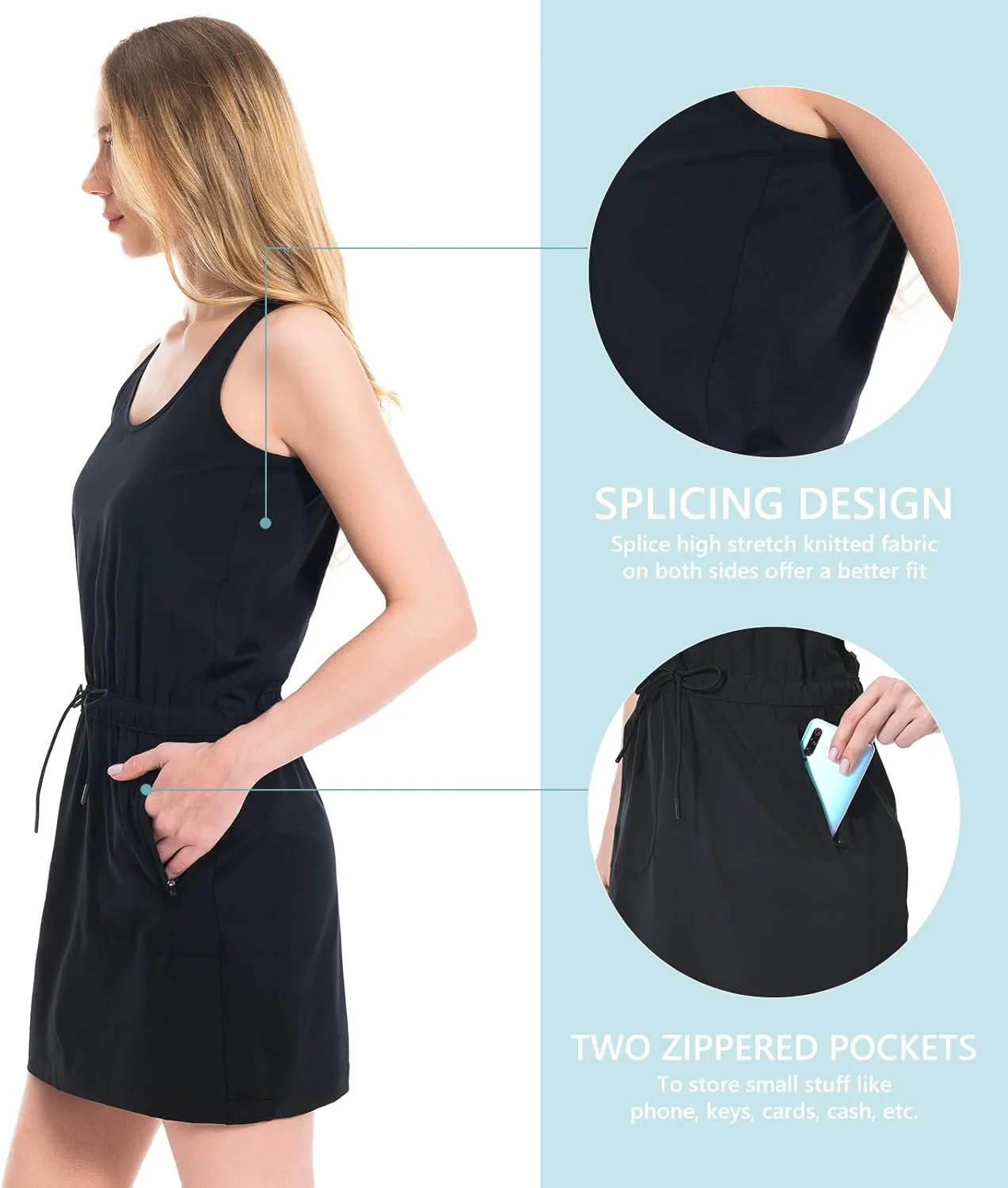 Lightbare Womens UPF 50  Tank Dress with Pockets Detachable Shorts Drawstring Waist Quick Dry for Hiking Camping Outdoors