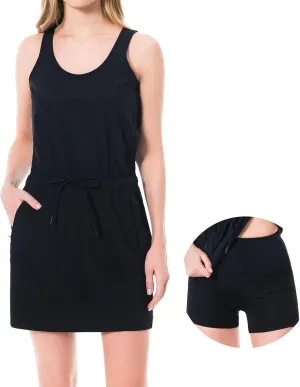 Lightbare Womens UPF 50  Tank Dress with Pockets Detachable Shorts Drawstring Waist Quick Dry for Hiking Camping Outdoors