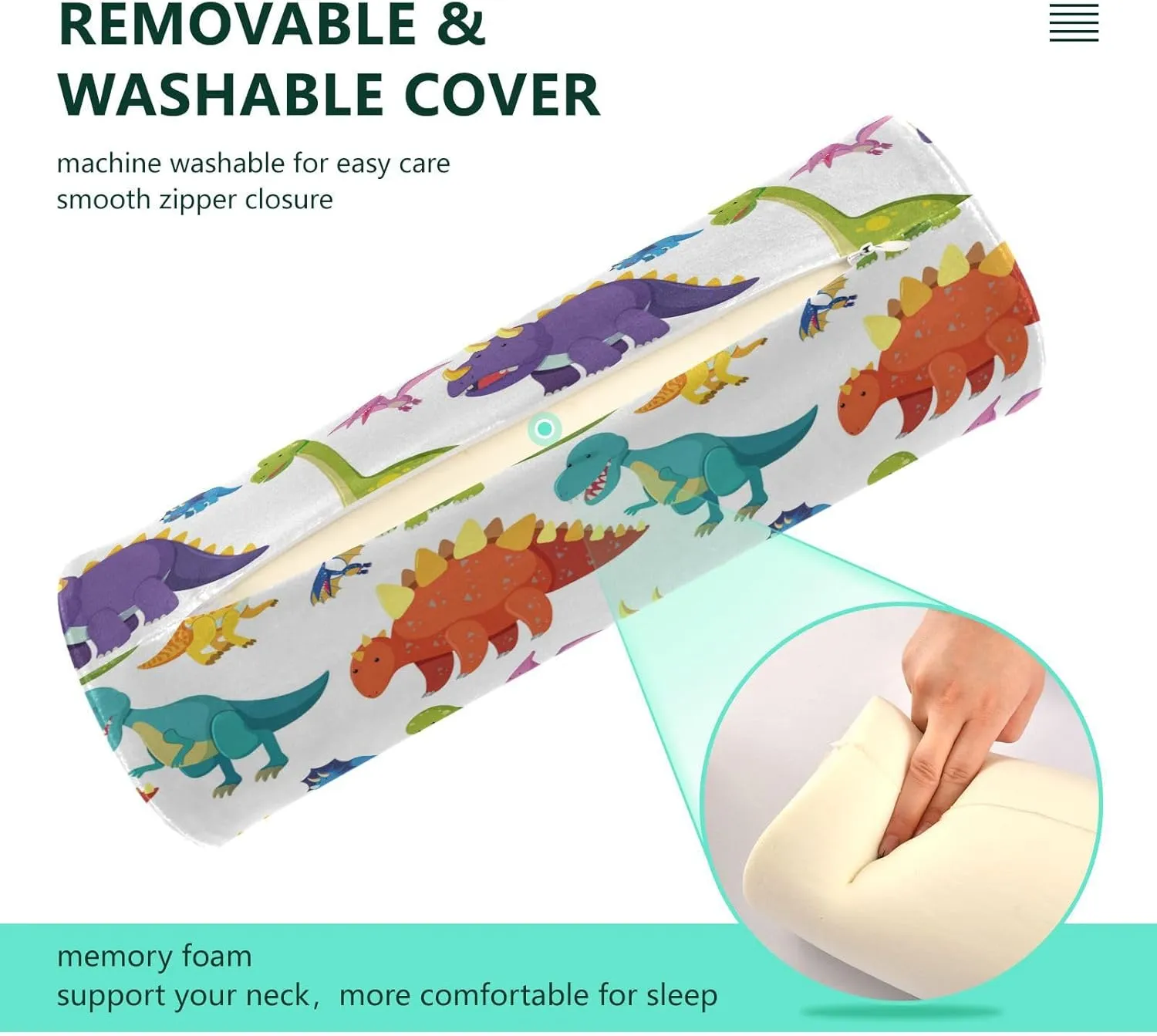 Oyihfvs Seamless Colorful Dinosaurs on White Round Memory Foam Pillow, Travel Pillow with Removable Washable Cover for Head Neck Legs Support 5.5 x 5.5 x 17 inch