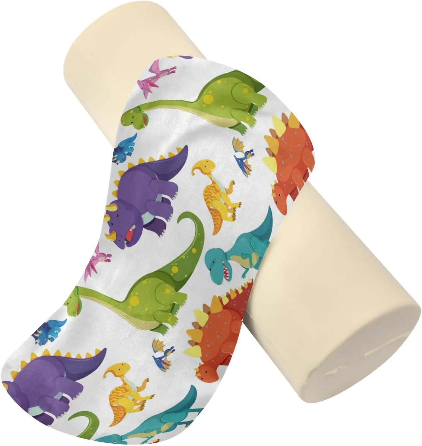 Oyihfvs Seamless Colorful Dinosaurs on White Round Memory Foam Pillow, Travel Pillow with Removable Washable Cover for Head Neck Legs Support 5.5 x 5.5 x 17 inch