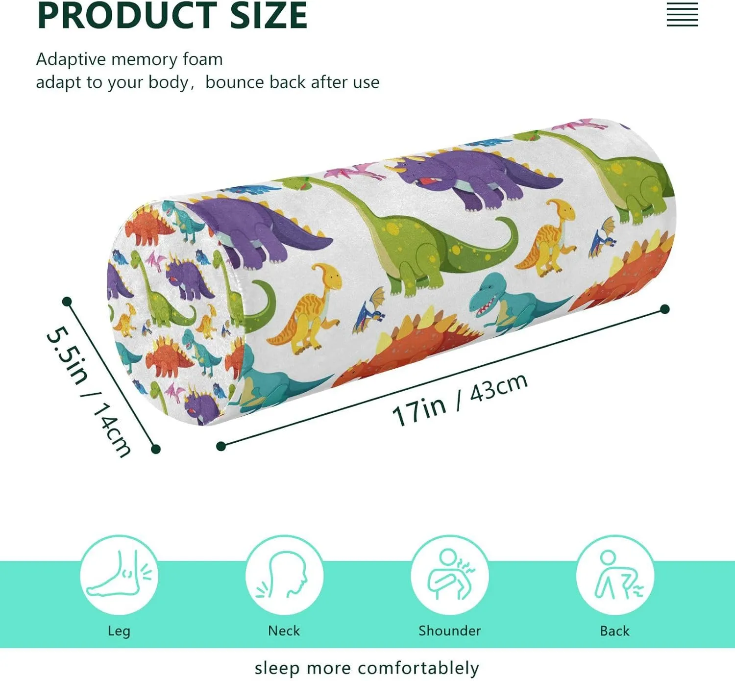 Oyihfvs Seamless Colorful Dinosaurs on White Round Memory Foam Pillow, Travel Pillow with Removable Washable Cover for Head Neck Legs Support 5.5 x 5.5 x 17 inch