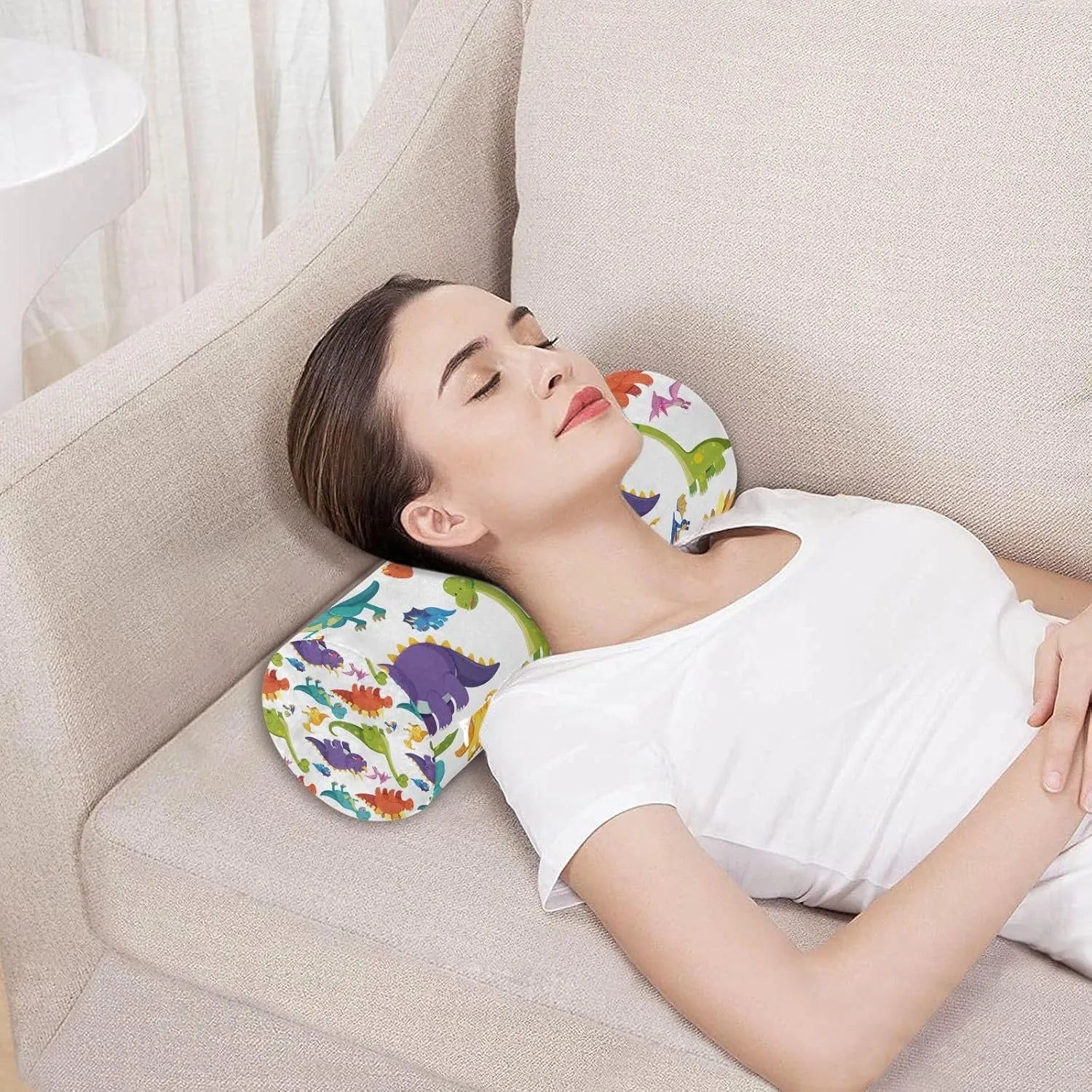 Oyihfvs Seamless Colorful Dinosaurs on White Round Memory Foam Pillow, Travel Pillow with Removable Washable Cover for Head Neck Legs Support 5.5 x 5.5 x 17 inch