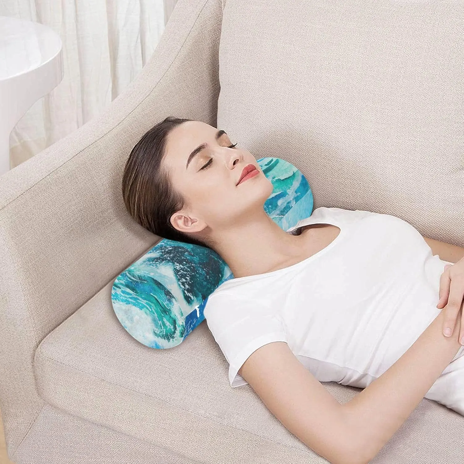 Oyihfvs Watercolor Sea Waves Painting Turquoise Sea Water Round Memory Foam Pillow, Travel Pillow with Removable Washable Cover for Head Neck Legs Support 5.5 x 5.5 x 17 inch