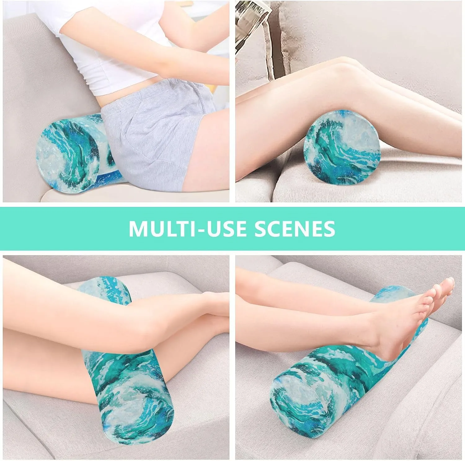 Oyihfvs Watercolor Sea Waves Painting Turquoise Sea Water Round Memory Foam Pillow, Travel Pillow with Removable Washable Cover for Head Neck Legs Support 5.5 x 5.5 x 17 inch