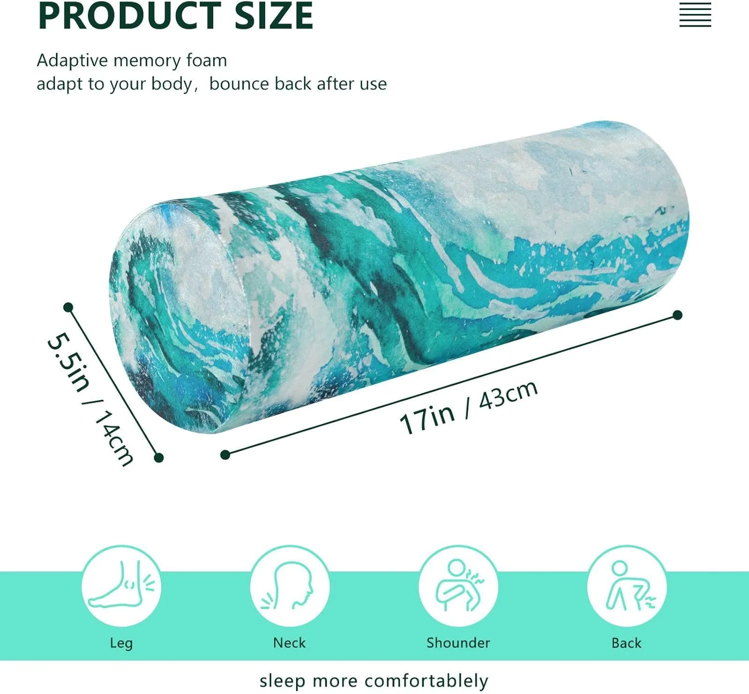 Oyihfvs Watercolor Sea Waves Painting Turquoise Sea Water Round Memory Foam Pillow, Travel Pillow with Removable Washable Cover for Head Neck Legs Support 5.5 x 5.5 x 17 inch