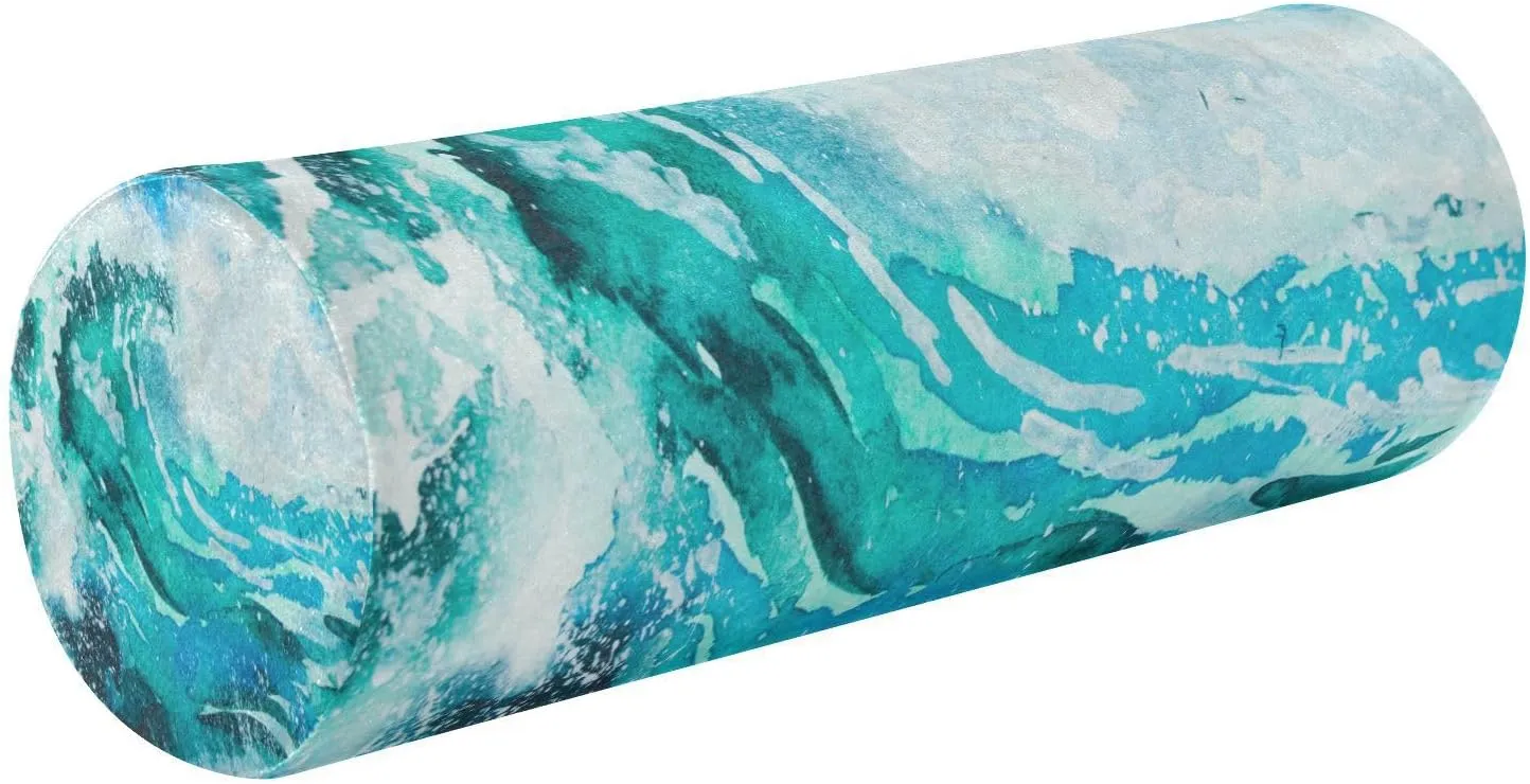 Oyihfvs Watercolor Sea Waves Painting Turquoise Sea Water Round Memory Foam Pillow, Travel Pillow with Removable Washable Cover for Head Neck Legs Support 5.5 x 5.5 x 17 inch