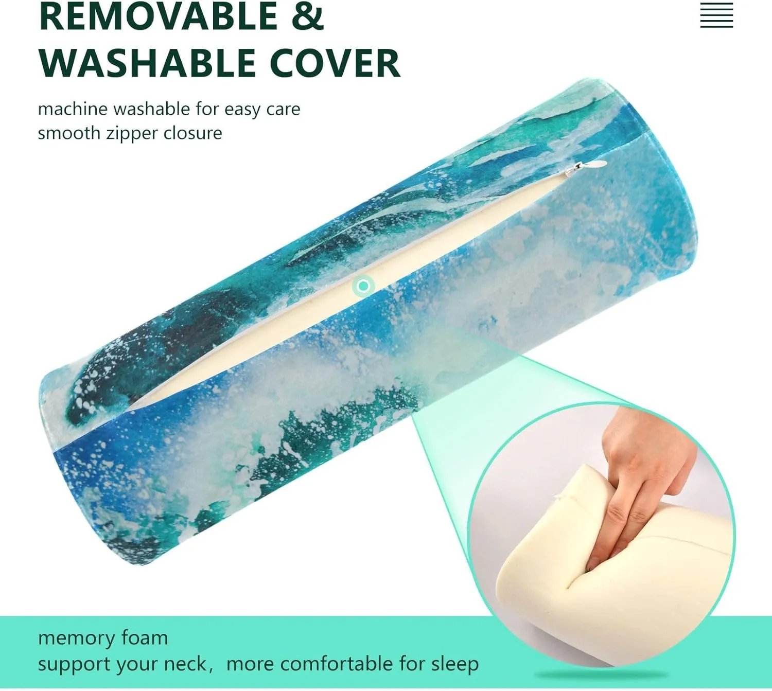 Oyihfvs Watercolor Sea Waves Painting Turquoise Sea Water Round Memory Foam Pillow, Travel Pillow with Removable Washable Cover for Head Neck Legs Support 5.5 x 5.5 x 17 inch