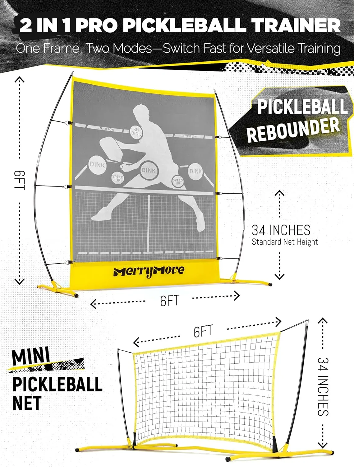Pickleball Practice Rebounder Net: Pickleball Rebounder or 6FT Mini Pickleball Net Portable for Outdoor Driveway Backyard and Indoor Garage - 2in1 Trainer for Dink Volley Training