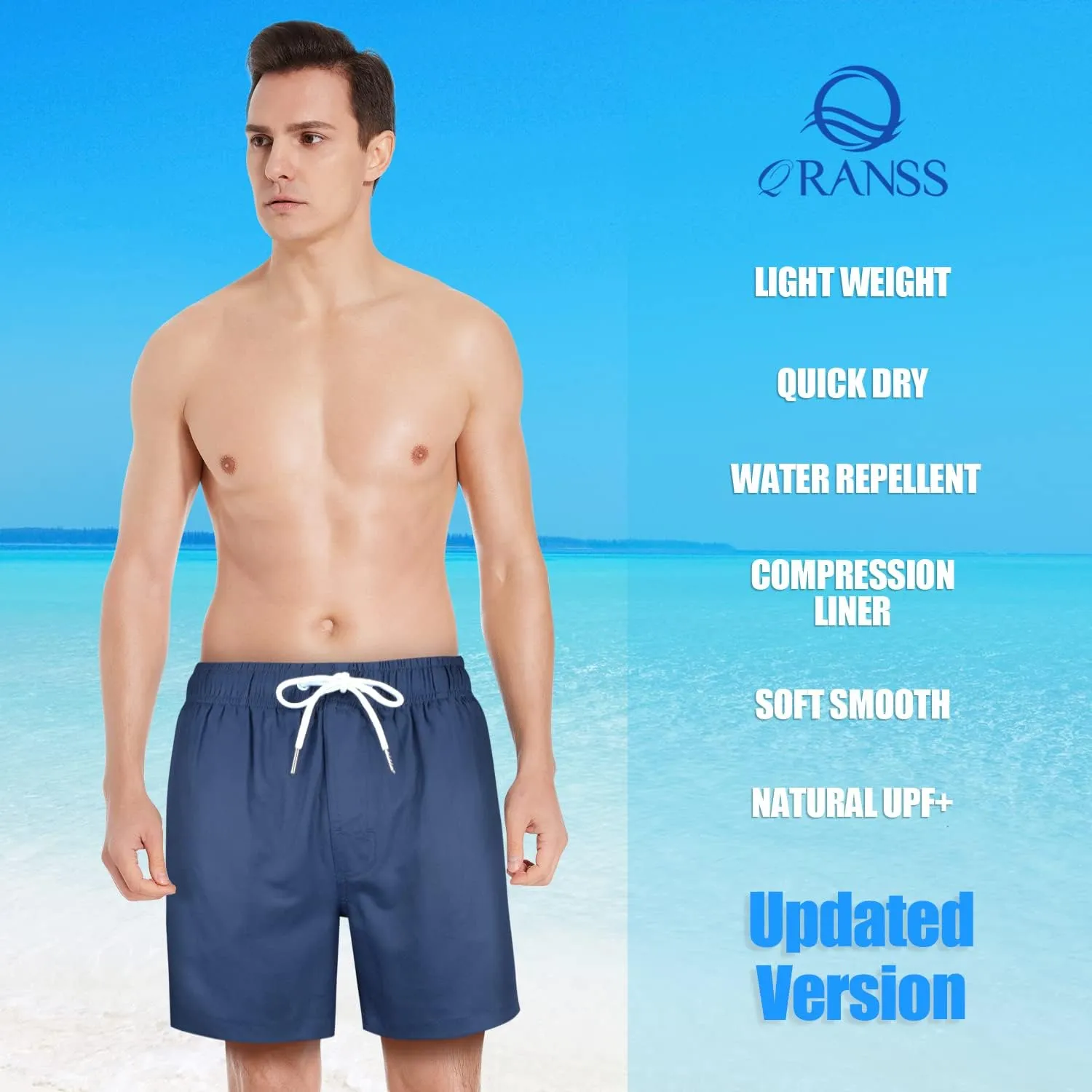 QRANSS Mens Swim Trunks with Compression Lined 7'' Swim Shorts Quick Dry Swimwear Boardshorts with Boxer Brief Liner