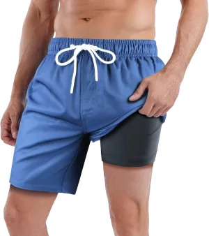 QRANSS Mens Swim Trunks with Compression Lined 7'' Swim Shorts Quick Dry Swimwear Boardshorts with Boxer Brief Liner