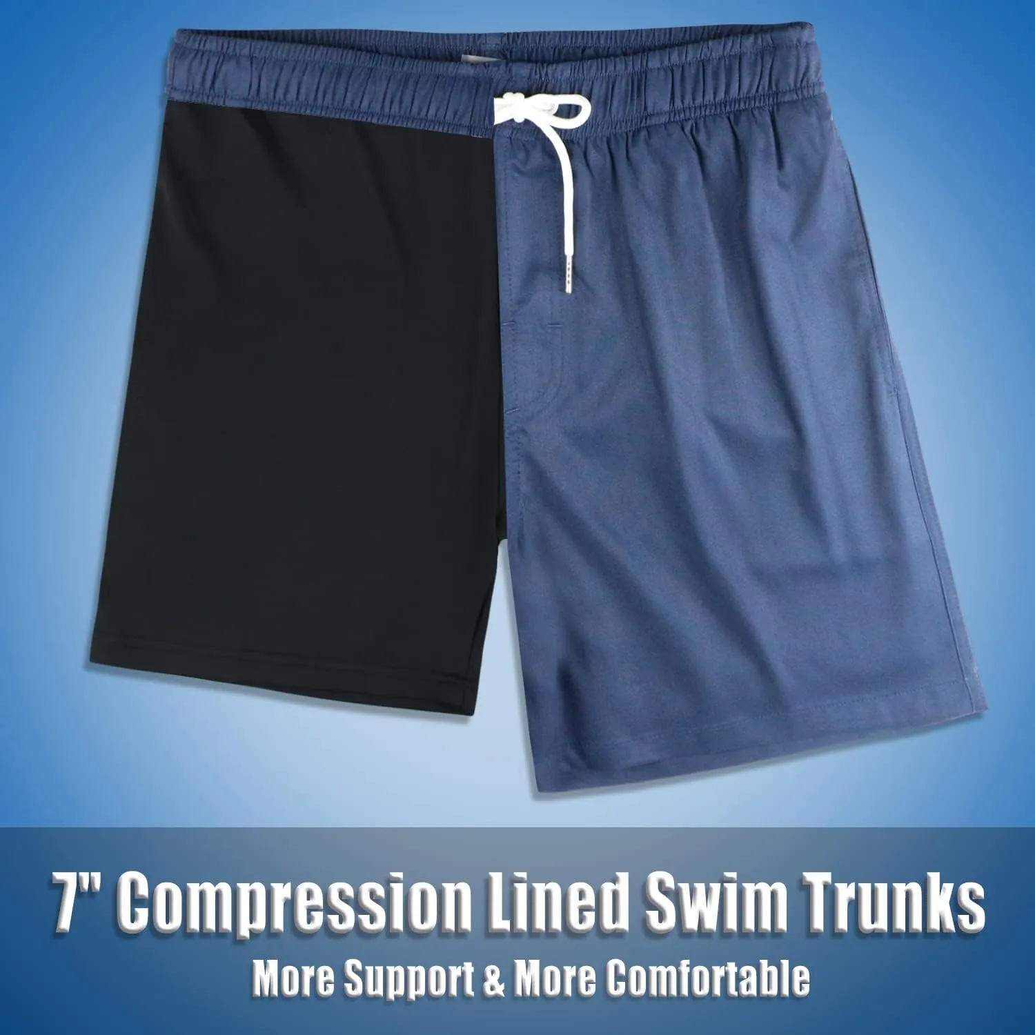 QRANSS Mens Swim Trunks with Compression Lined 7'' Swim Shorts Quick Dry Swimwear Boardshorts with Boxer Brief Liner