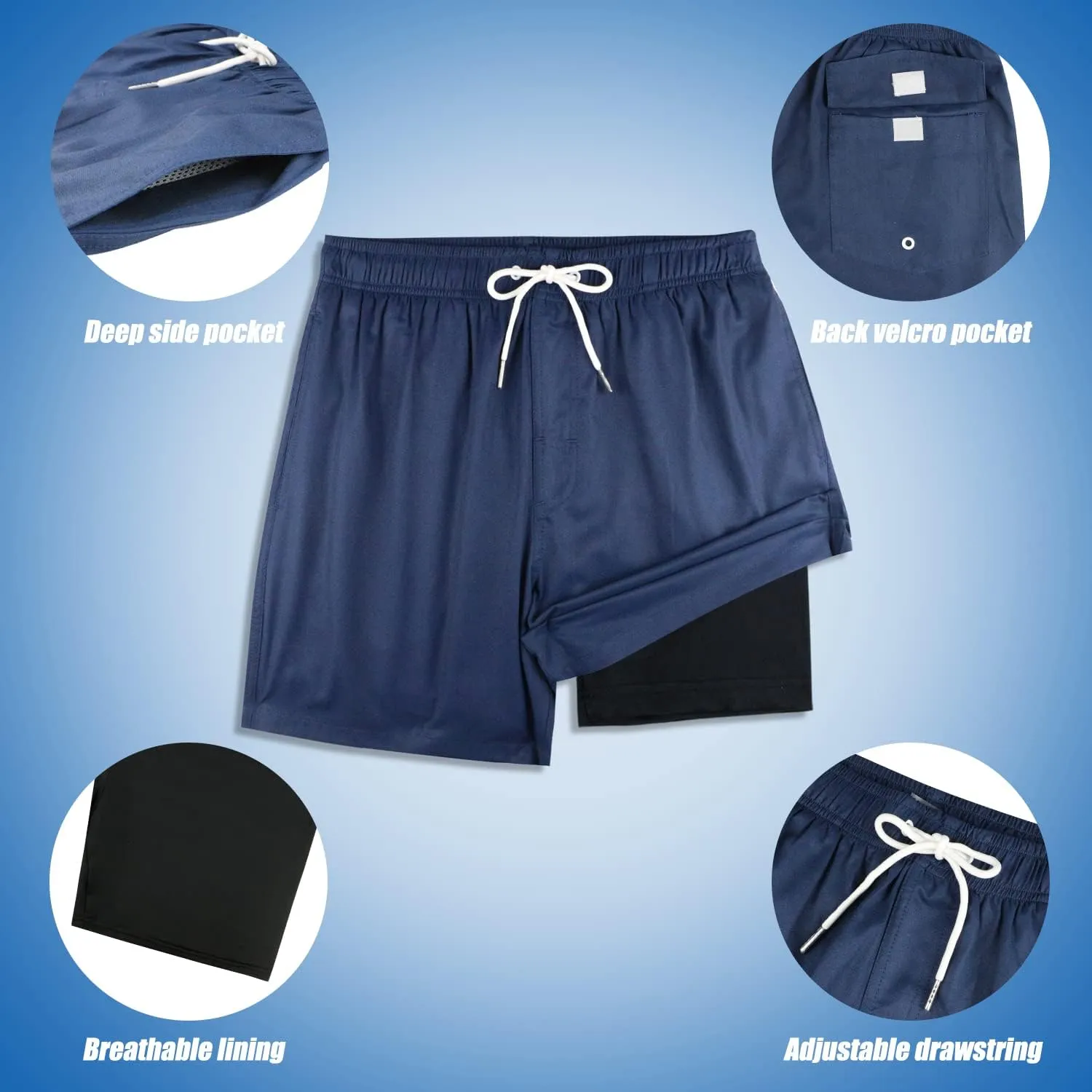 QRANSS Mens Swim Trunks with Compression Lined 7'' Swim Shorts Quick Dry Swimwear Boardshorts with Boxer Brief Liner