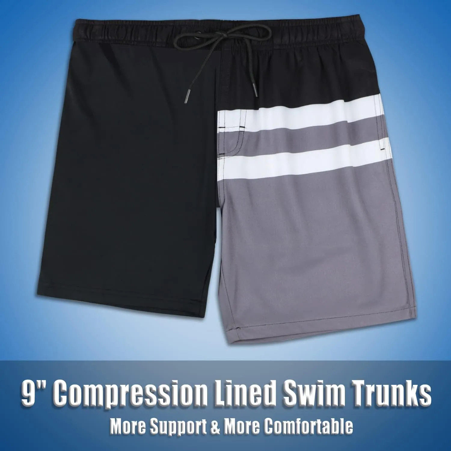 QRANSS Mens Swimming Trunks with Compression Liner 9'' Quick Dry Long Swim Shorts Swimwear Boardshorts with Boxer Brief Liner