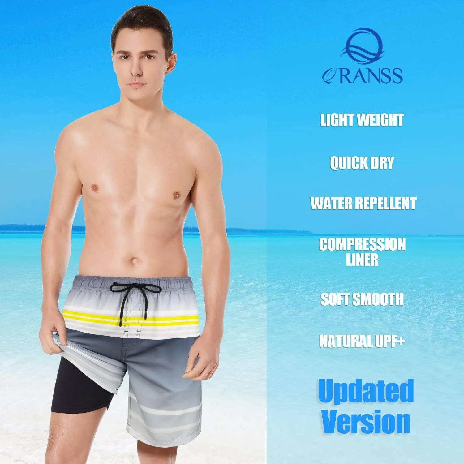 QRANSS Mens Swimming Trunks with Compression Liner 9'' Quick Dry Long Swim Shorts Swimwear Boardshorts with Boxer Brief Liner