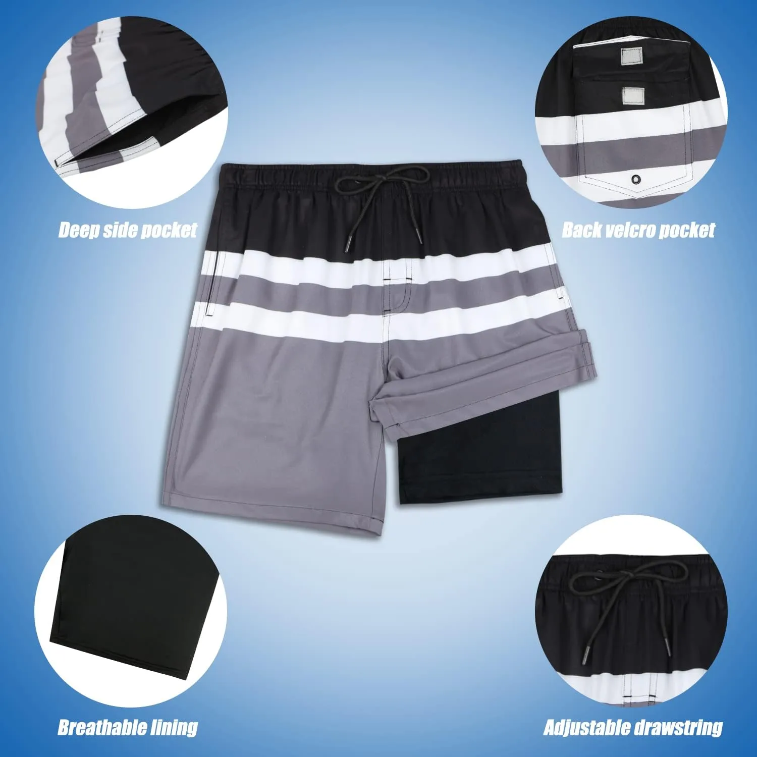 QRANSS Mens Swimming Trunks with Compression Liner 9'' Quick Dry Long Swim Shorts Swimwear Boardshorts with Boxer Brief Liner