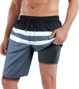 QRANSS Mens Swimming Trunks with Compression Liner 9'' Quick Dry Long Swim Shorts Swimwear Boardshorts with Boxer Brief Liner