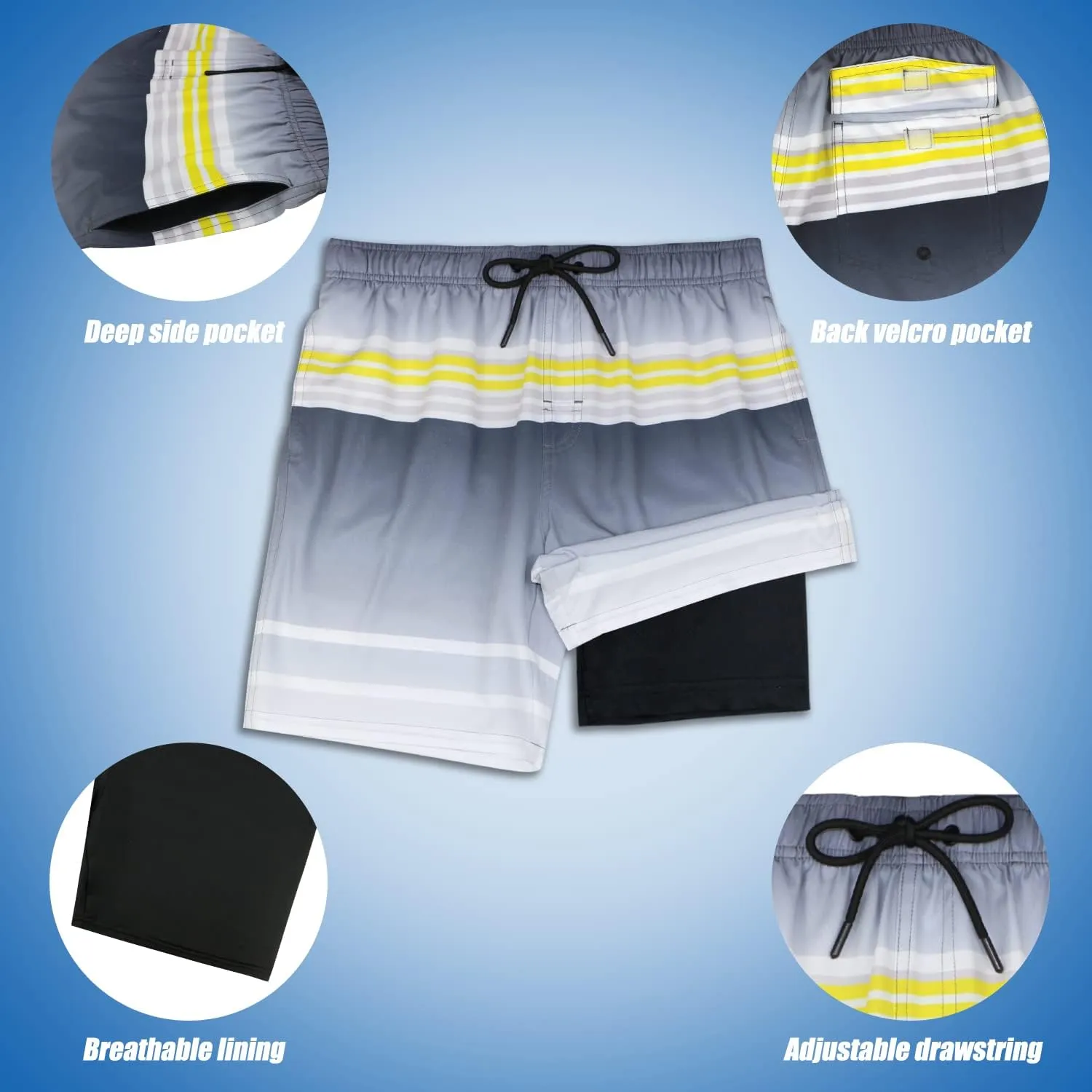 QRANSS Mens Swimming Trunks with Compression Liner 9'' Quick Dry Long Swim Shorts Swimwear Boardshorts with Boxer Brief Liner