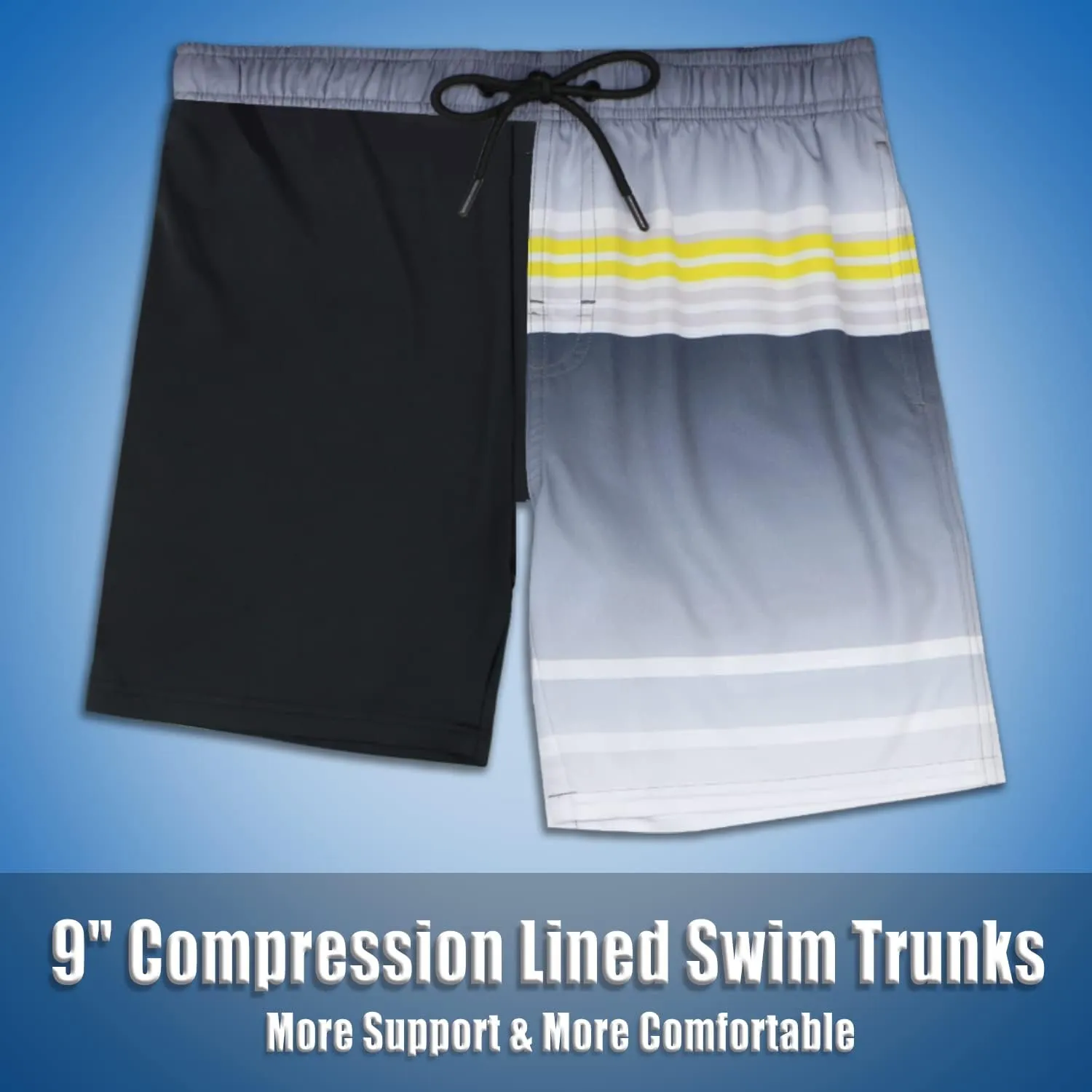 QRANSS Mens Swimming Trunks with Compression Liner 9'' Quick Dry Long Swim Shorts Swimwear Boardshorts with Boxer Brief Liner