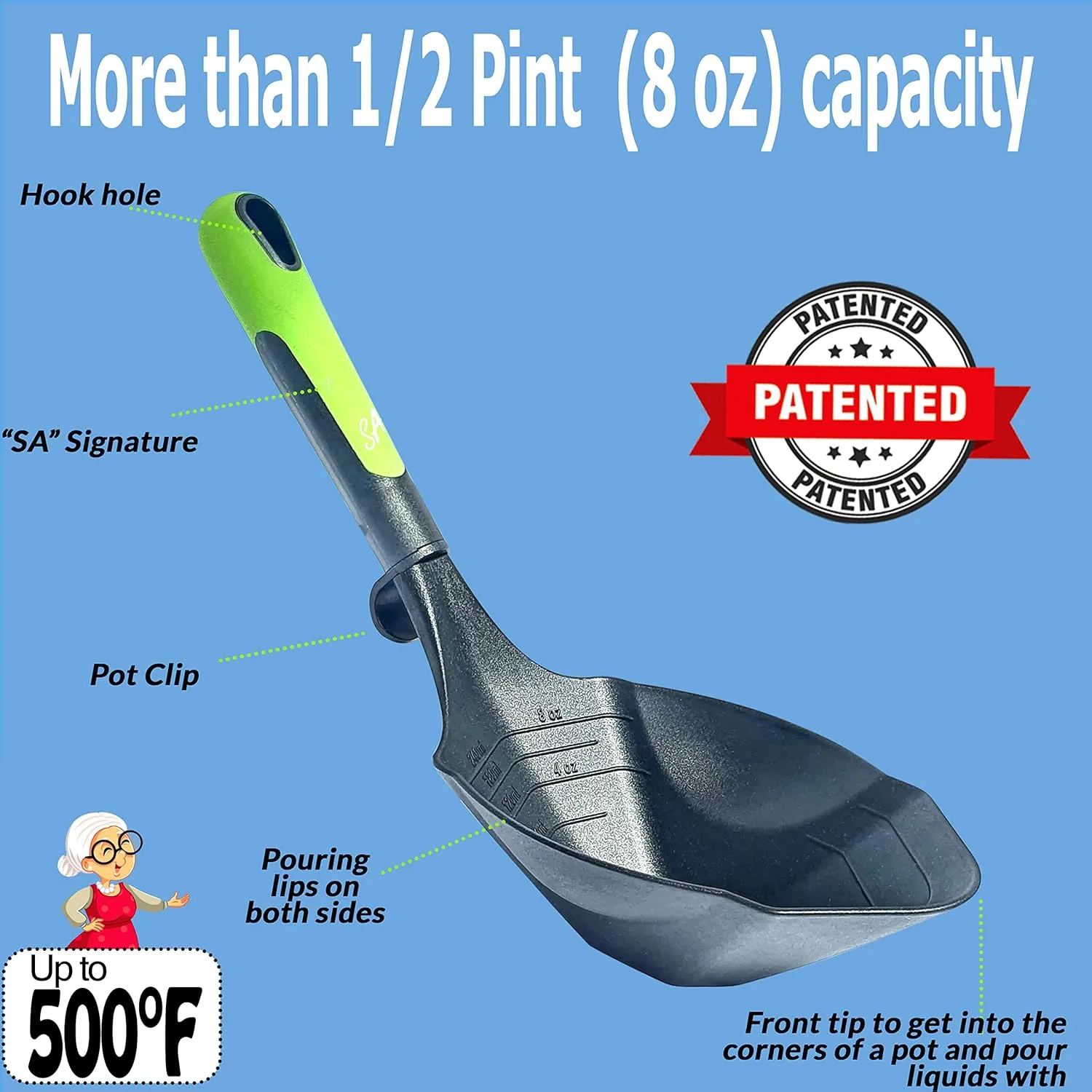 Supa Ant Soup Ladle for Kitchen - Canning Ladle with Pour Spout (8 oz) BPA free and Heat Resistant - Silicone Large Canning Scoop with Pot Clip and Hook Hole - Kitchen Ladel for Cooking