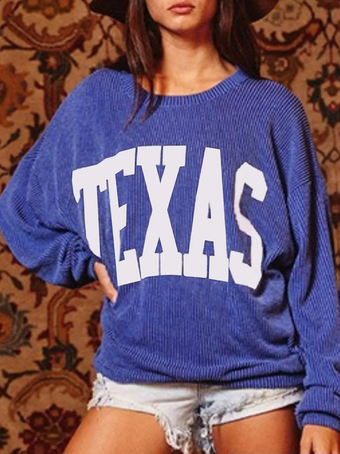 Texas Womens Sweatshirt Crewneck Long Sleeve Graphic Print Drop Shoulder Pullover Shirts Tops