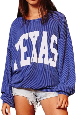 Texas Womens Sweatshirt Crewneck Long Sleeve Graphic Print Drop Shoulder Pullover Shirts Tops