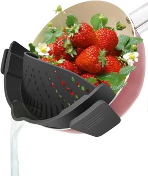 YEVIOR Clip on Strainer for Pots Pan Pasta, Silicone Food Strainer Hands-Free Pan Strainer, Clip-on Kitchen Food Strainer for Spaghetti, Pasta, Ground Beef Fits All Bowls and Pots (Black)