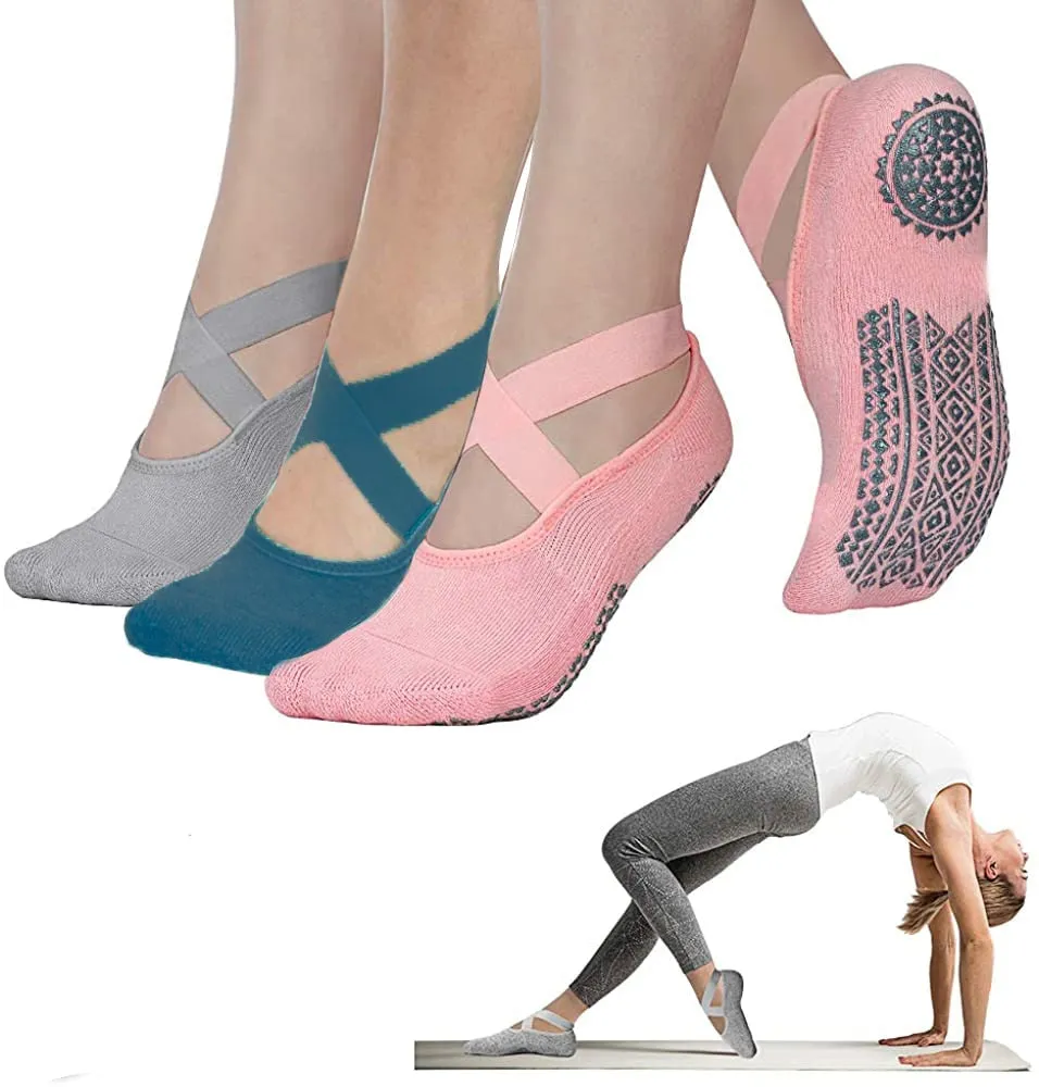 Yoga Socks for Women Non-Slip Grips & Straps, Bandage Cotton Sock
