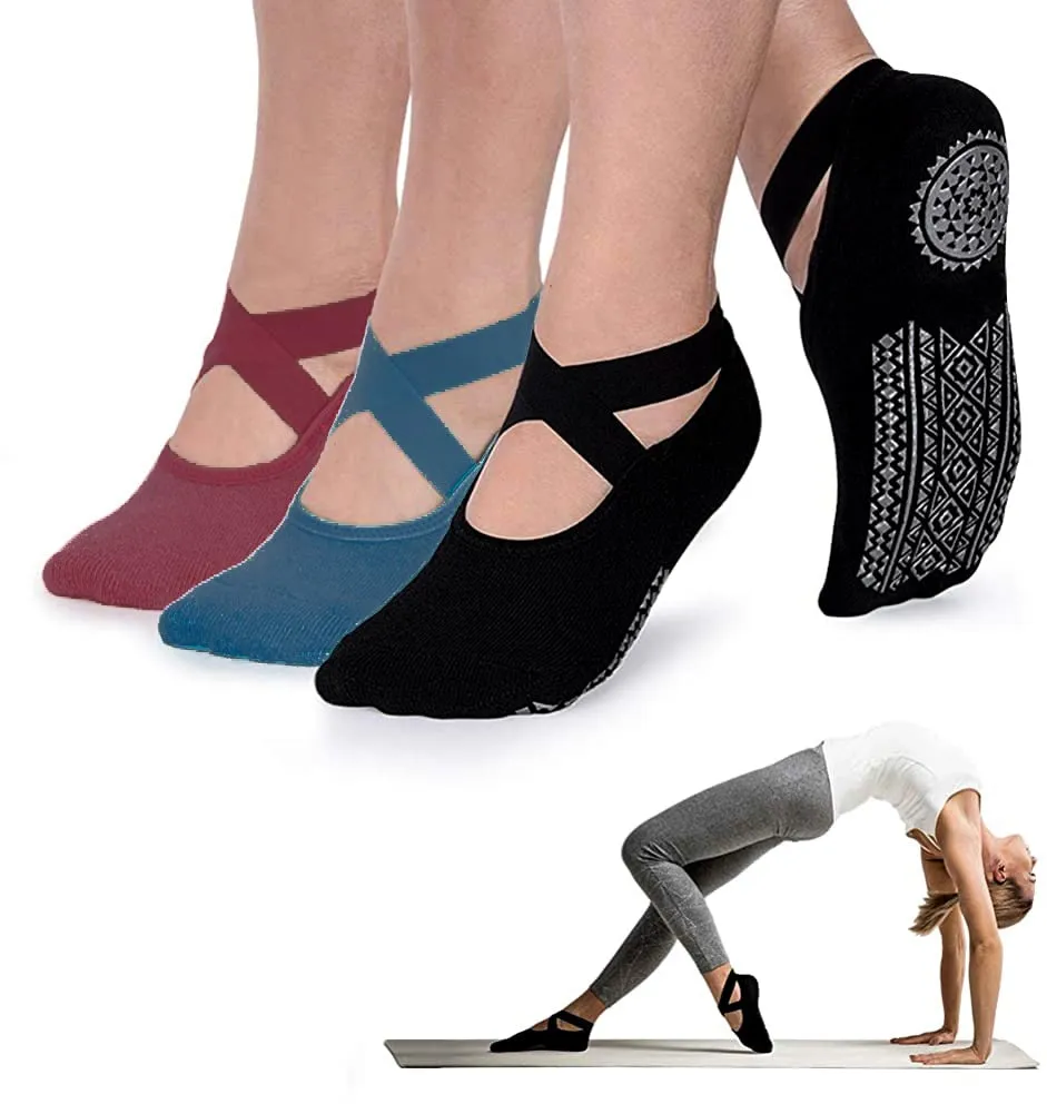Yoga Socks for Women Non-Slip Grips & Straps, Bandage Cotton Sock