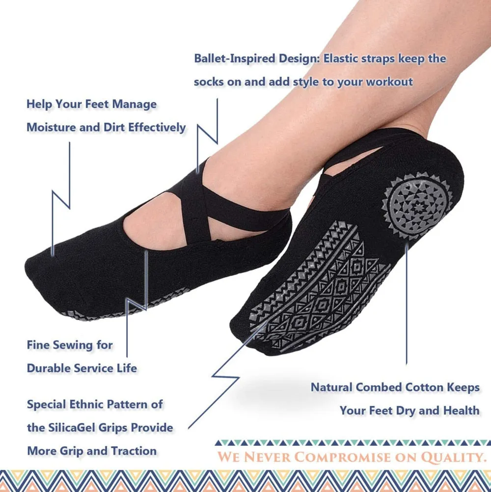 Yoga Socks for Women Non-Slip Grips & Straps, Bandage Cotton Sock