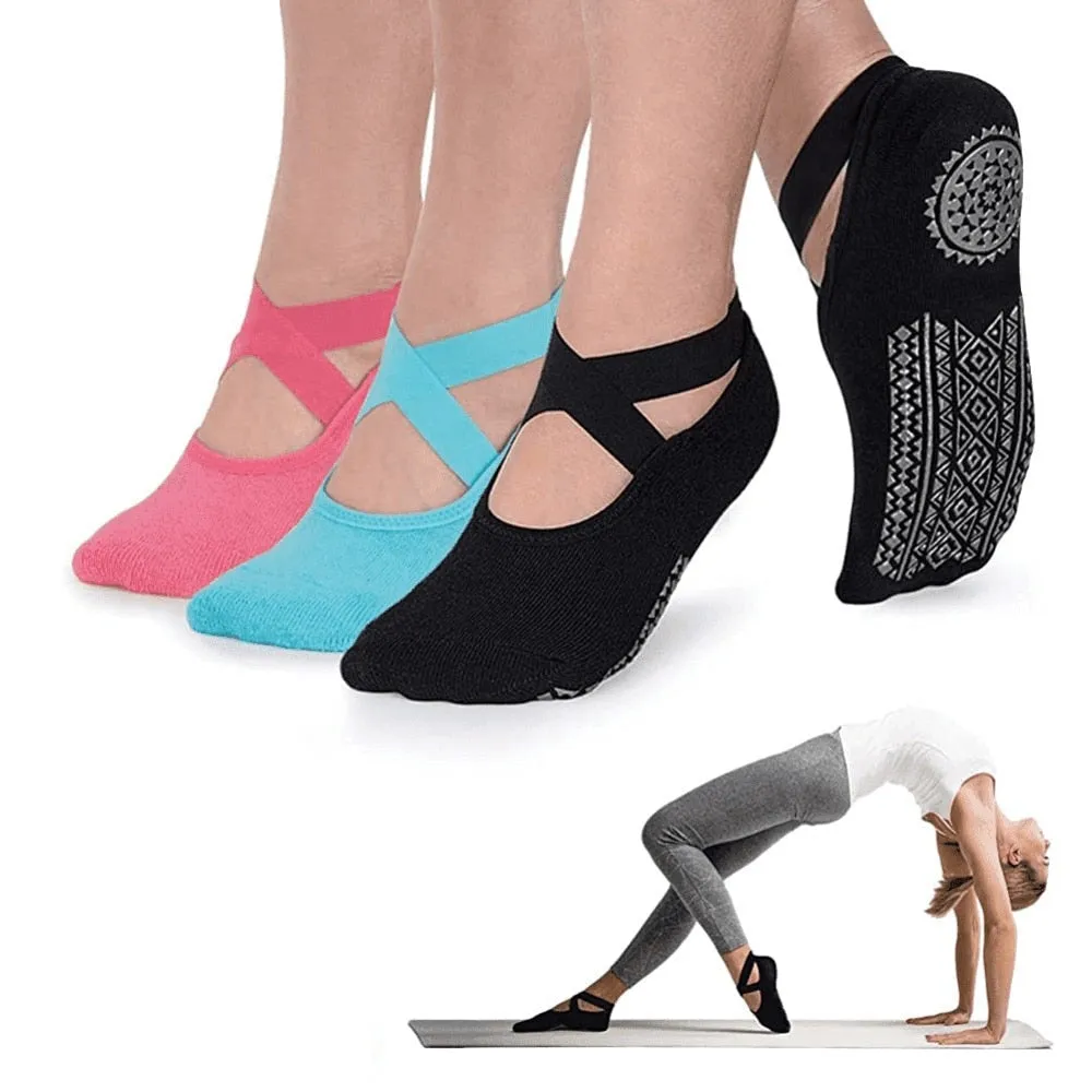 Yoga Socks for Women Non-Slip Grips & Straps, Bandage Cotton Sock