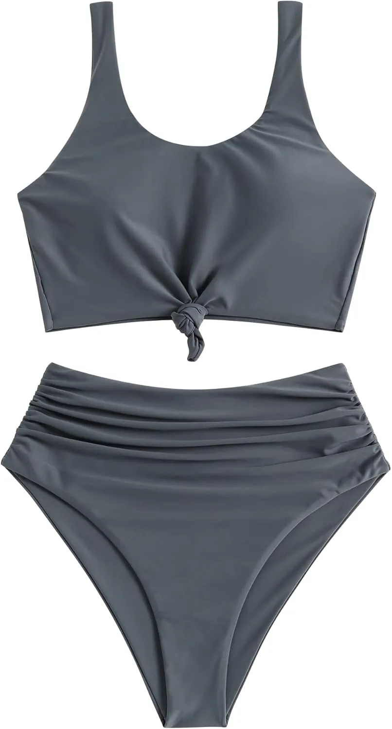 ZAFUL Women's High Waisted Tankini Swimsuit Scoop Neck Ruched Bikini Set Tummy Control 2 Piece Bathing Suit